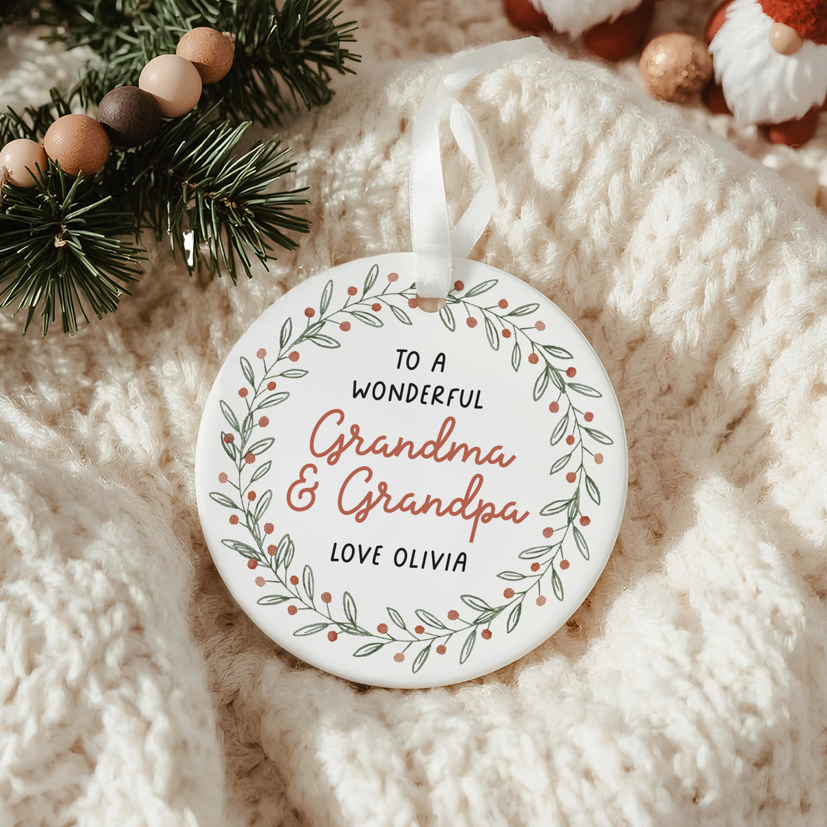 Grandma and Grandpa Ornament, Personalized Family Keepsake with Floral Wreath, Christmas Gift from Grandchild