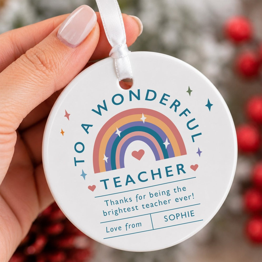 A Wonderful Teacher Ornament, Brightest Teacher Ever Rainbow Keepsake, Student Appreciation Gift for Classroom