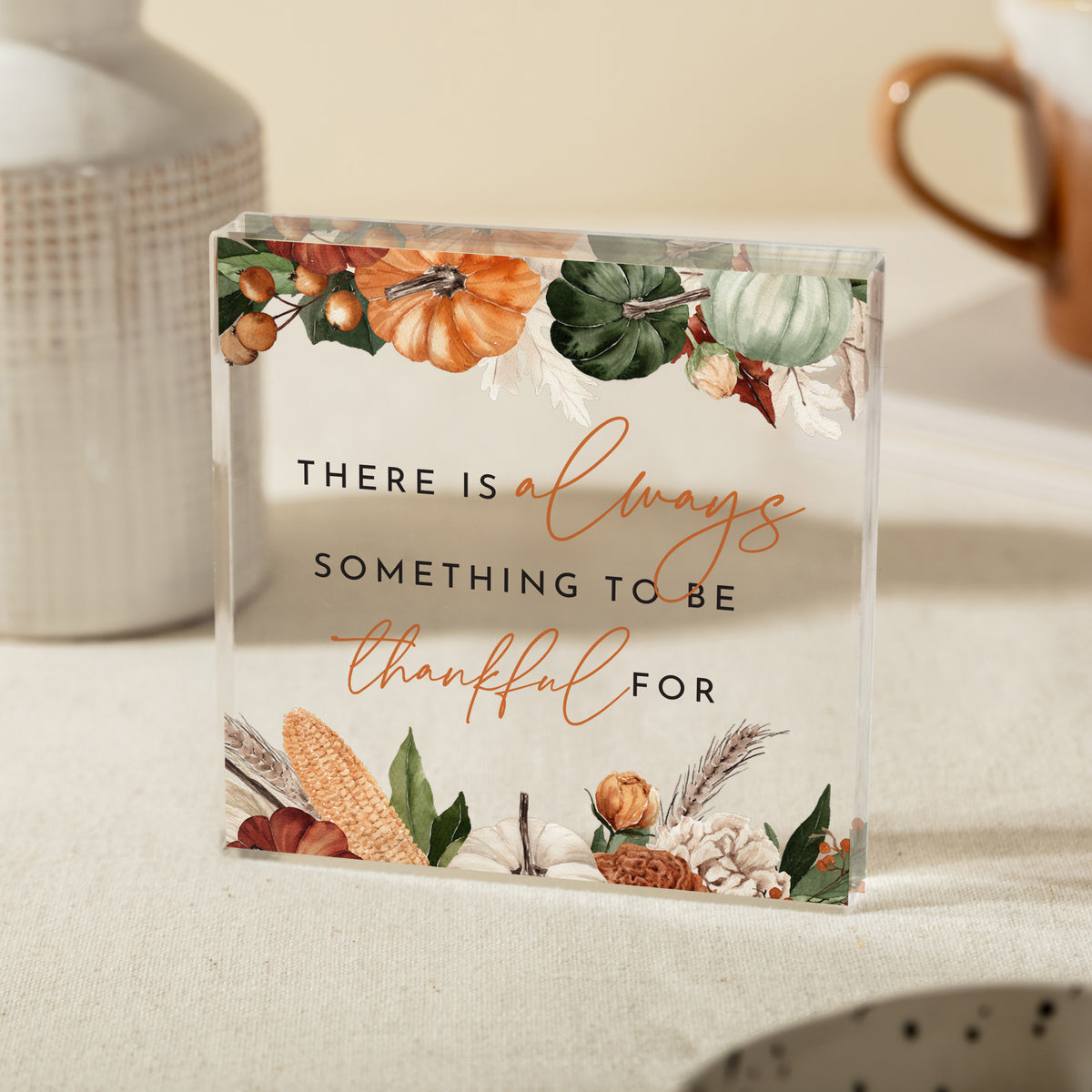 Thanksgiving Gratitude Acrylic Plaque, Thankful Quote Keepsake with Autumn Pumpkin Floral Fall Decor Gift