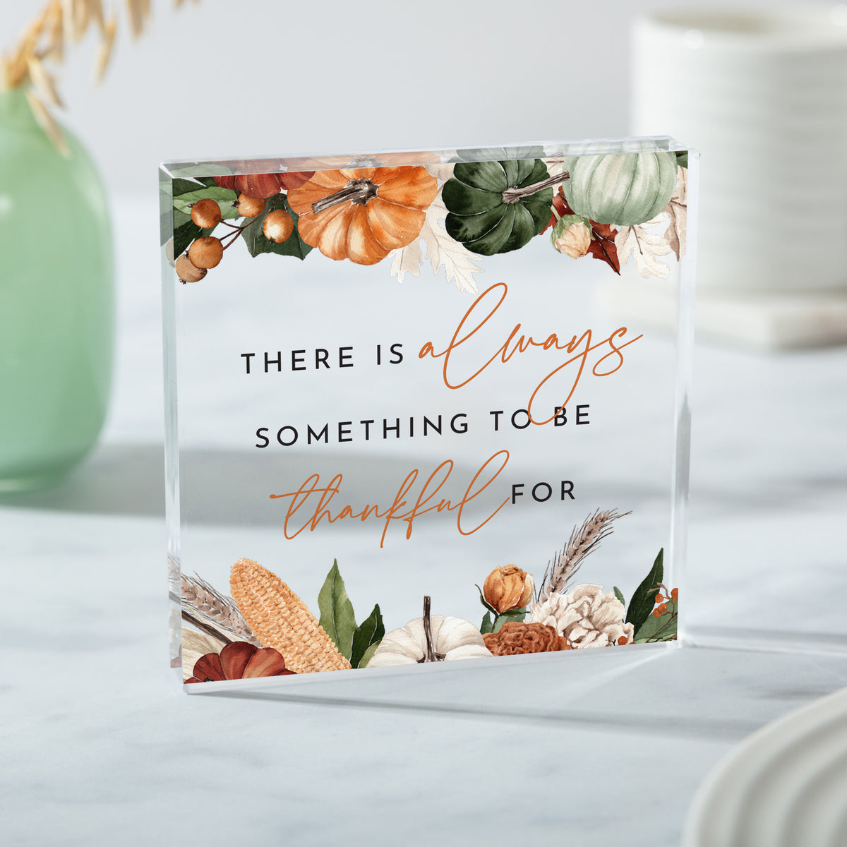 Thanksgiving Gratitude Acrylic Plaque, Thankful Quote Keepsake with Autumn Pumpkin Floral Fall Decor Gift