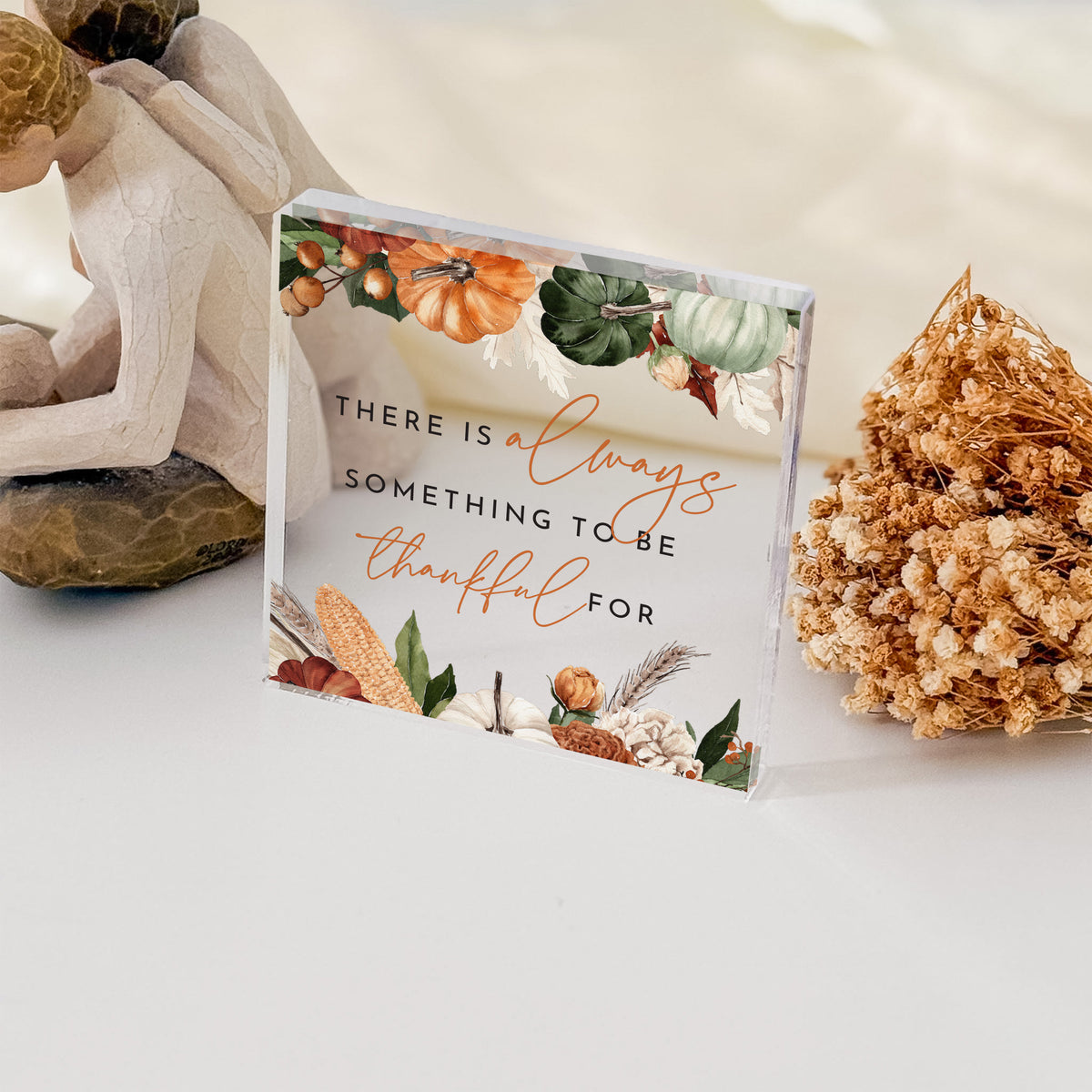 Thanksgiving Gratitude Acrylic Plaque, Thankful Quote Keepsake with Autumn Pumpkin Floral Fall Decor Gift