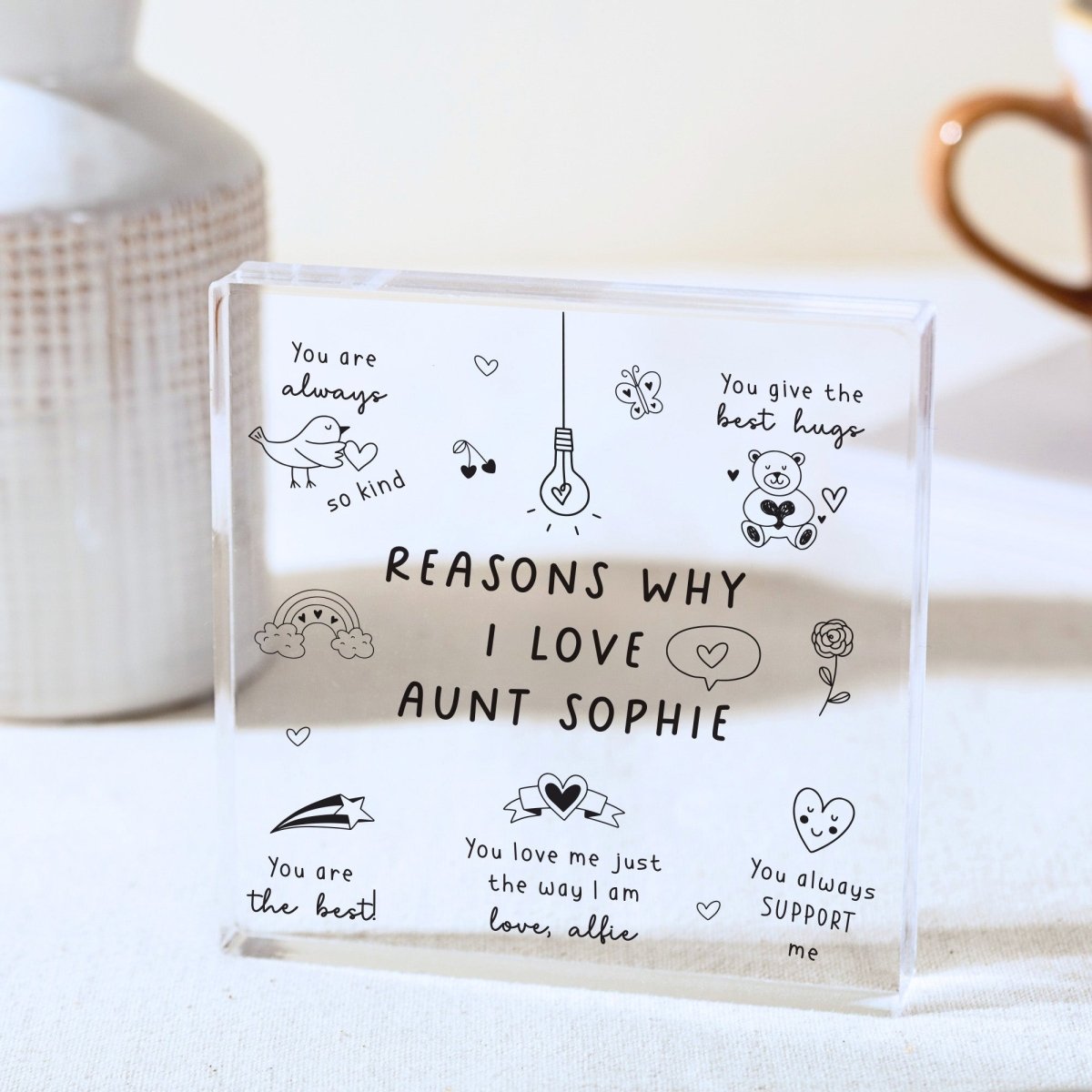 Aunt Plaque Gift for Auntie, Reasons Why I Love You Keepsake, Personalized Acrylic Block for Birthday