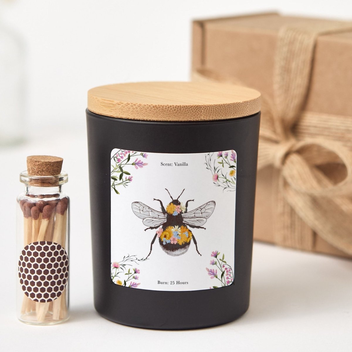 Bee Floral Candle Gift for Her, Botanical Soy Candle for Birthday Thank You or Spring Gift, Comes with Matches