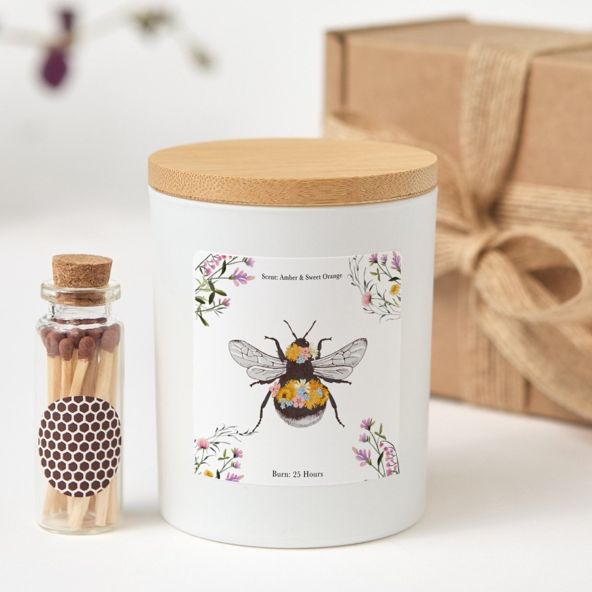 Bee Floral Candle Gift for Her, Botanical Soy Candle for Birthday Thank You or Spring Gift, Comes with Matches
