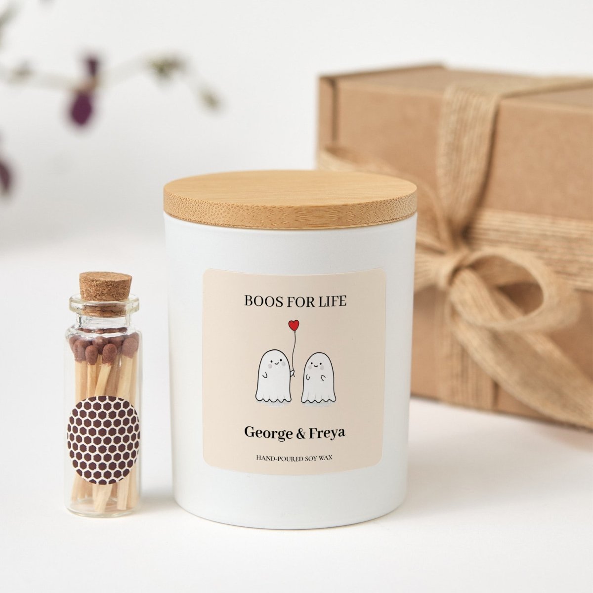 Boos for Life Soy Candle, Personalized Ghost Couple Anniversary Gift with Bamboo Lid, Gift Box and Matches
