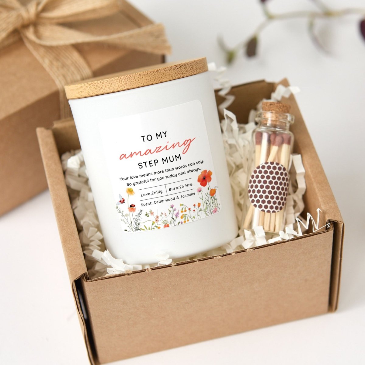 Candle for Step Mum Mother’s Day Gift | Custom Message with Gift Box, Mini Matches