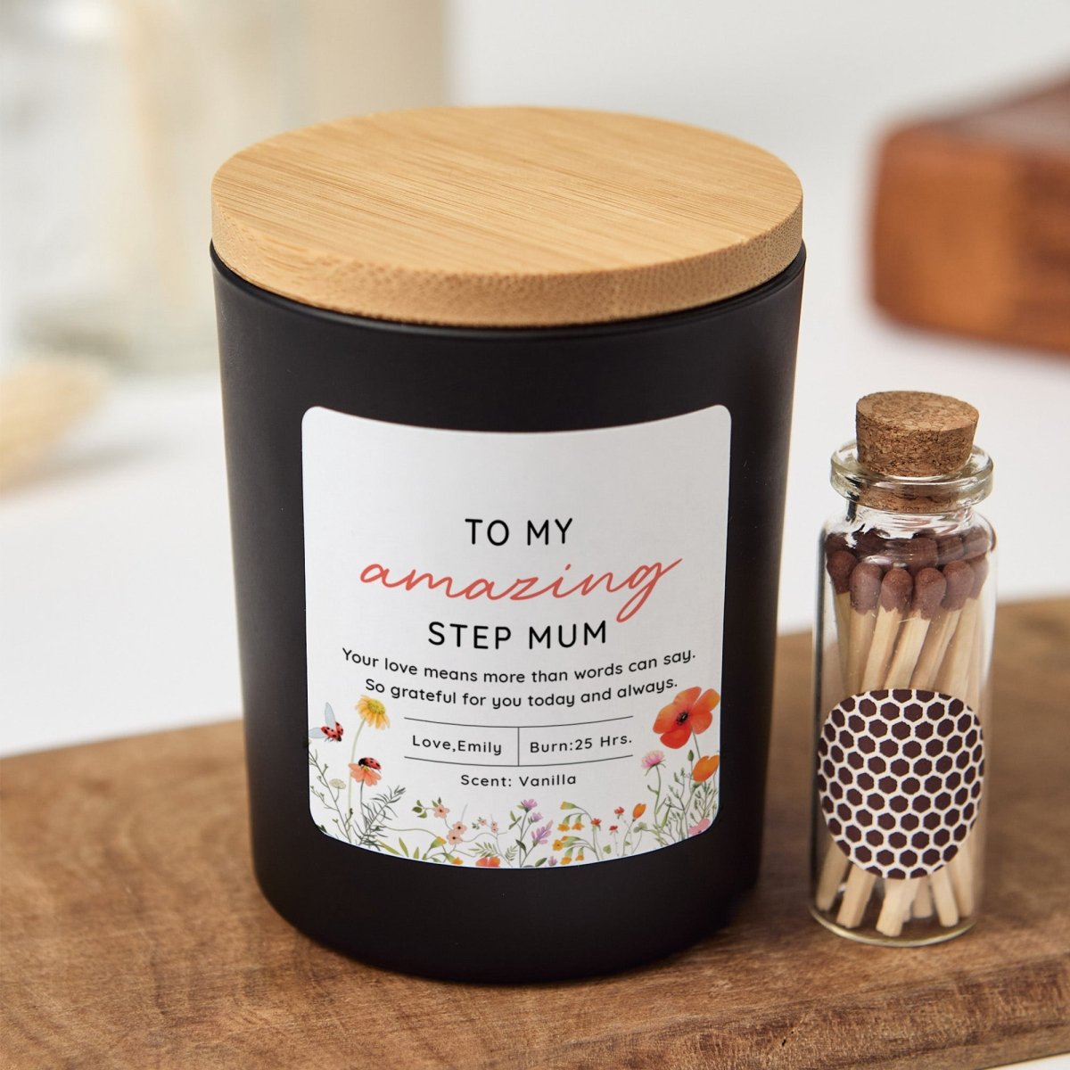 Candle for Step Mum Mother’s Day Gift | Custom Message with Gift Box, Mini Matches