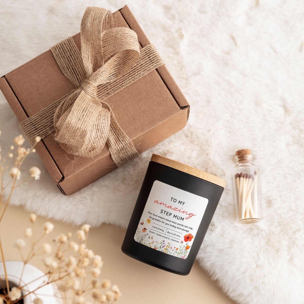 Candle for Step Mum Mother’s Day Gift | Custom Message with Gift Box, Mini Matches
