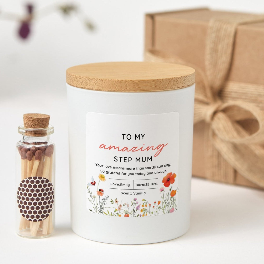 Candle for Step Mum Mother’s Day Gift | Custom Message with Gift Box, Mini Matches