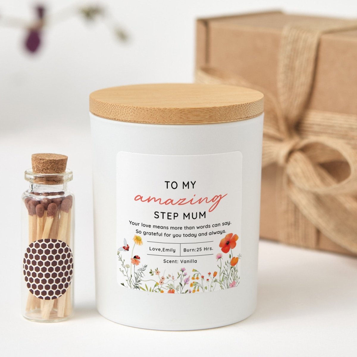 Candle for Step Mum Mother’s Day Gift | Custom Message with Gift Box, Mini Matches