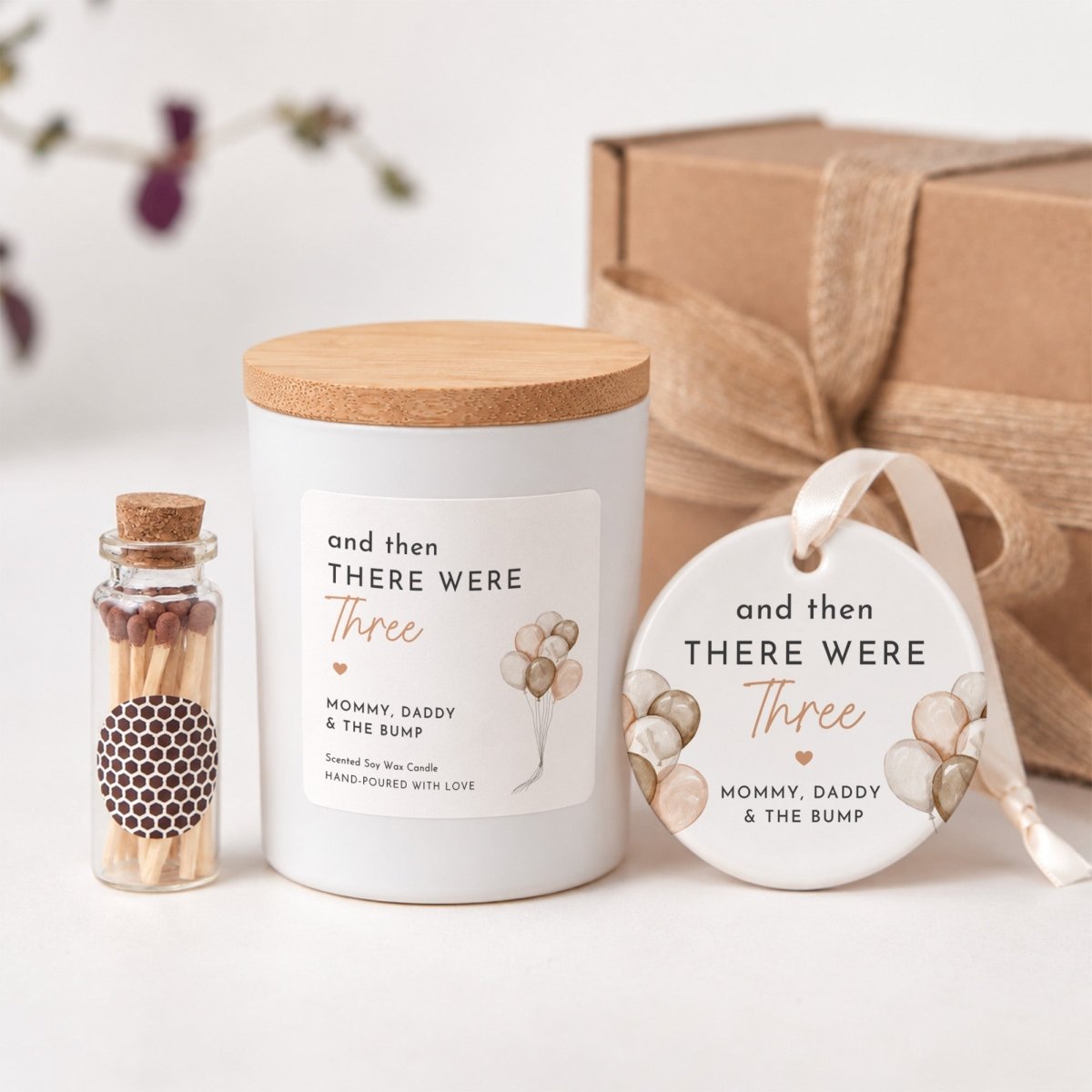 Candle Ornament Set for Expecting Parents; And Then There Were Three Pregnancy Announcement; Gift Box