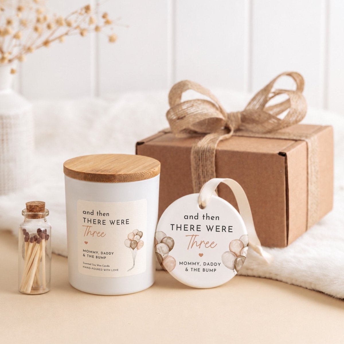 Candle Ornament Set for Expecting Parents; And Then There Were Three Pregnancy Announcement; Gift Box