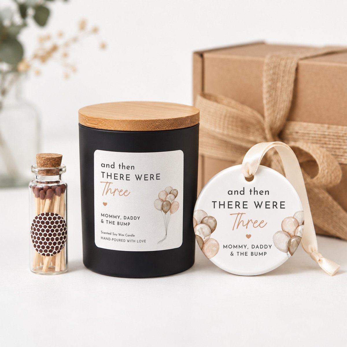 Candle Ornament Set for Expecting Parents; And Then There Were Three Pregnancy Announcement; Gift Box
