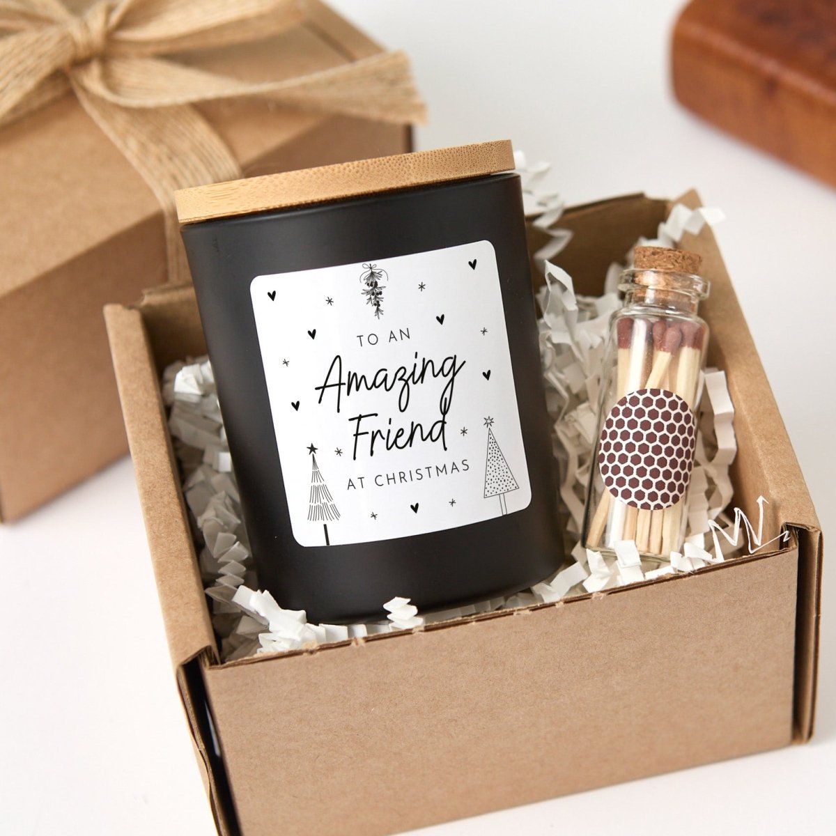 Christmas Candle for an Amazing Friend, Black Jar with Bamboo Lid, Ready-to-Give Box and Mini Wooden Matches