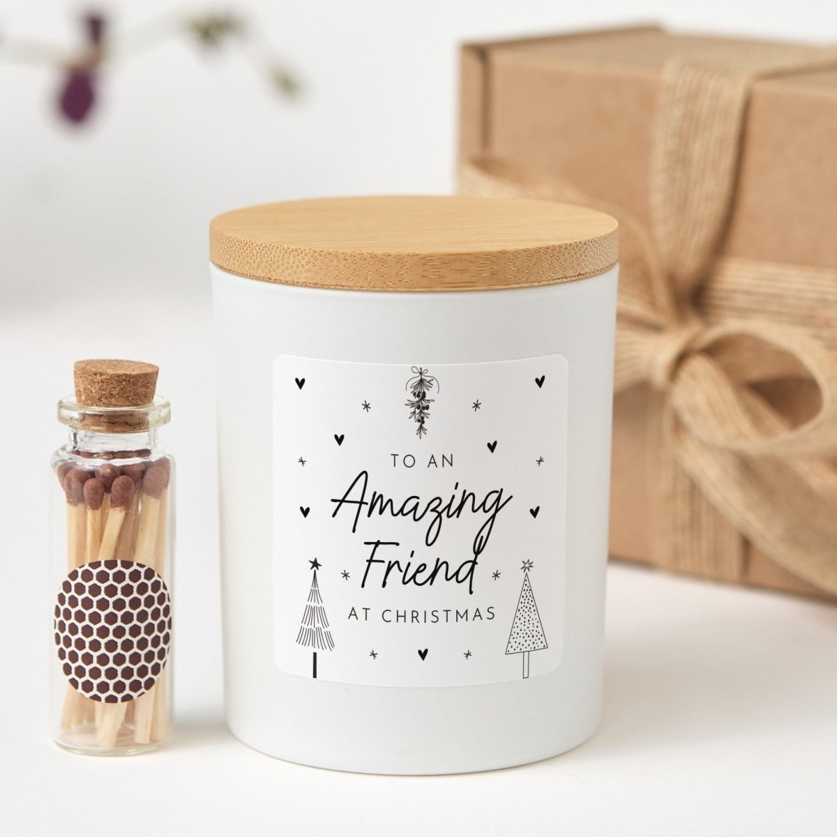 Christmas Candle for an Amazing Friend, Black Jar with Bamboo Lid, Ready-to-Give Box and Mini Wooden Matches
