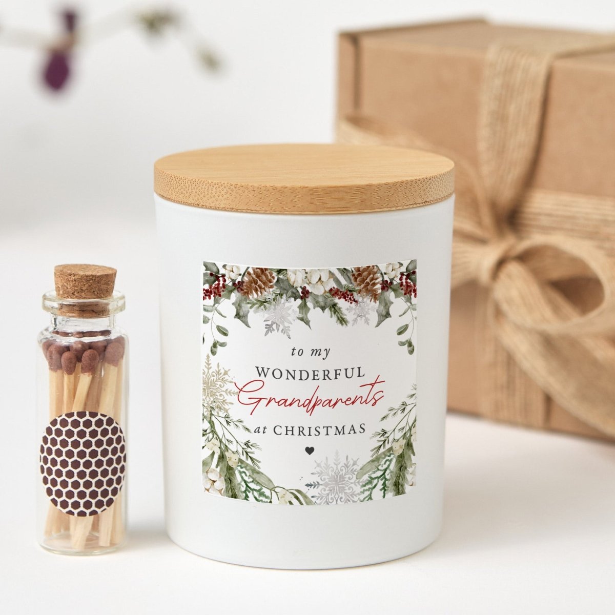 Christmas Candle for Grandparents, Wonderful Grandparents Label, Holiday Gift Box with Wooden Matches