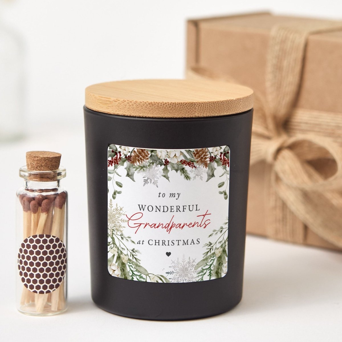 Christmas Candle for Grandparents, Wonderful Grandparents Label, Holiday Gift Box with Wooden Matches