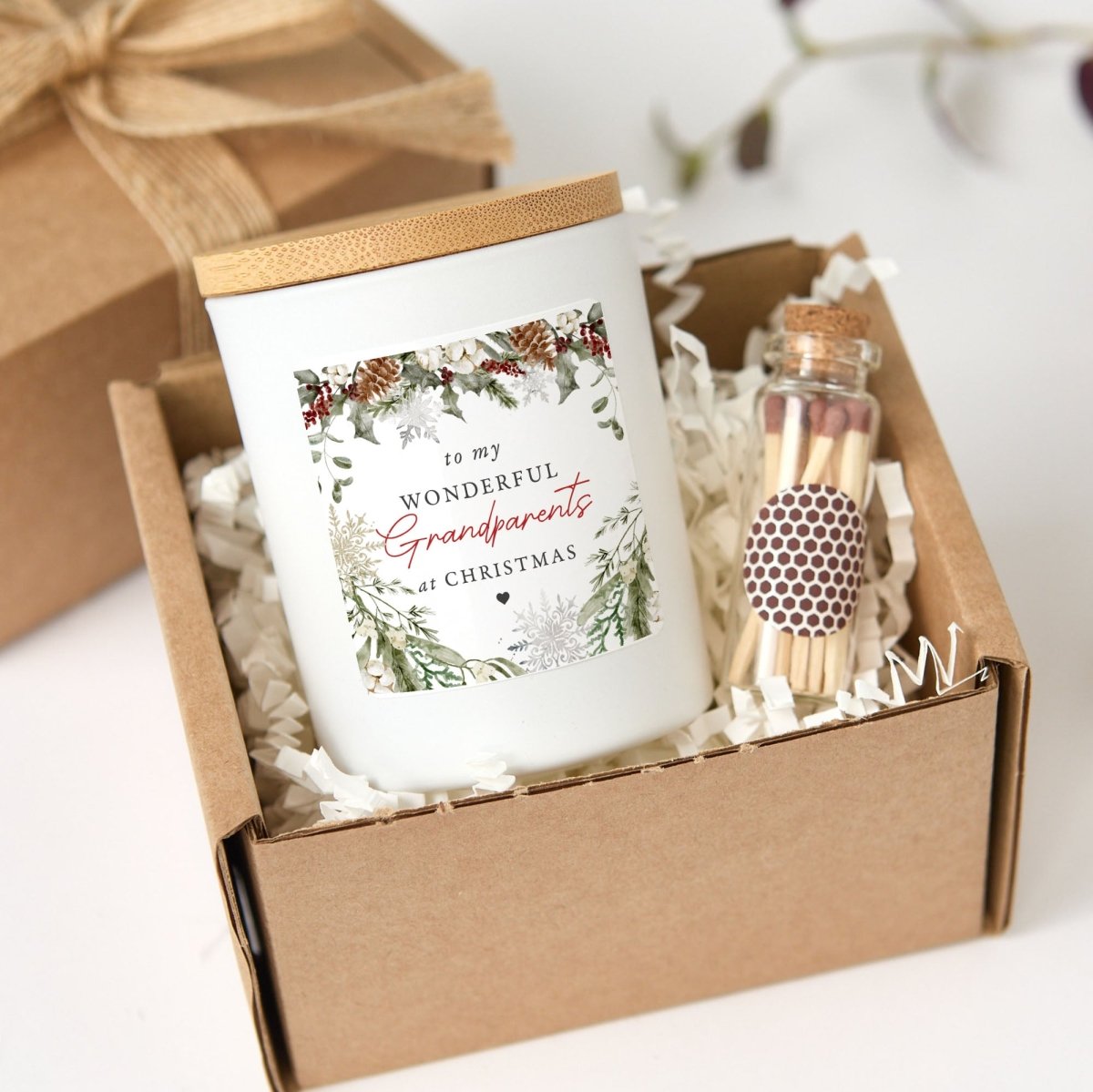 Christmas Candle for Grandparents, Wonderful Grandparents Label, Holiday Gift Box with Wooden Matches