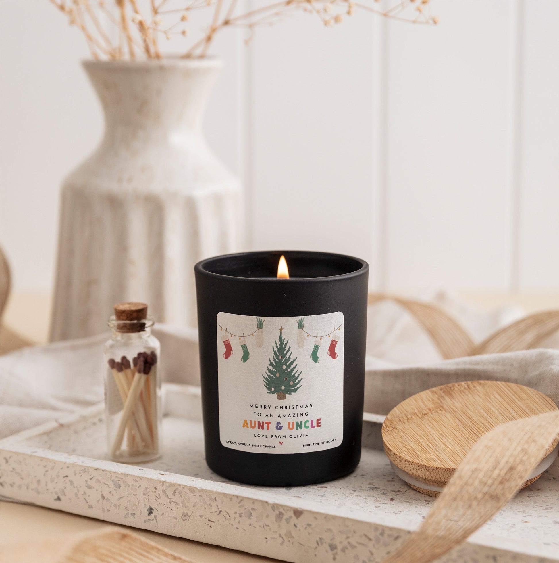 Christmas Candle Gift for Aunt & Uncle | Personalized Holiday Soy Wax Candle | Merry Xmas Gift with Matches in Gift Box