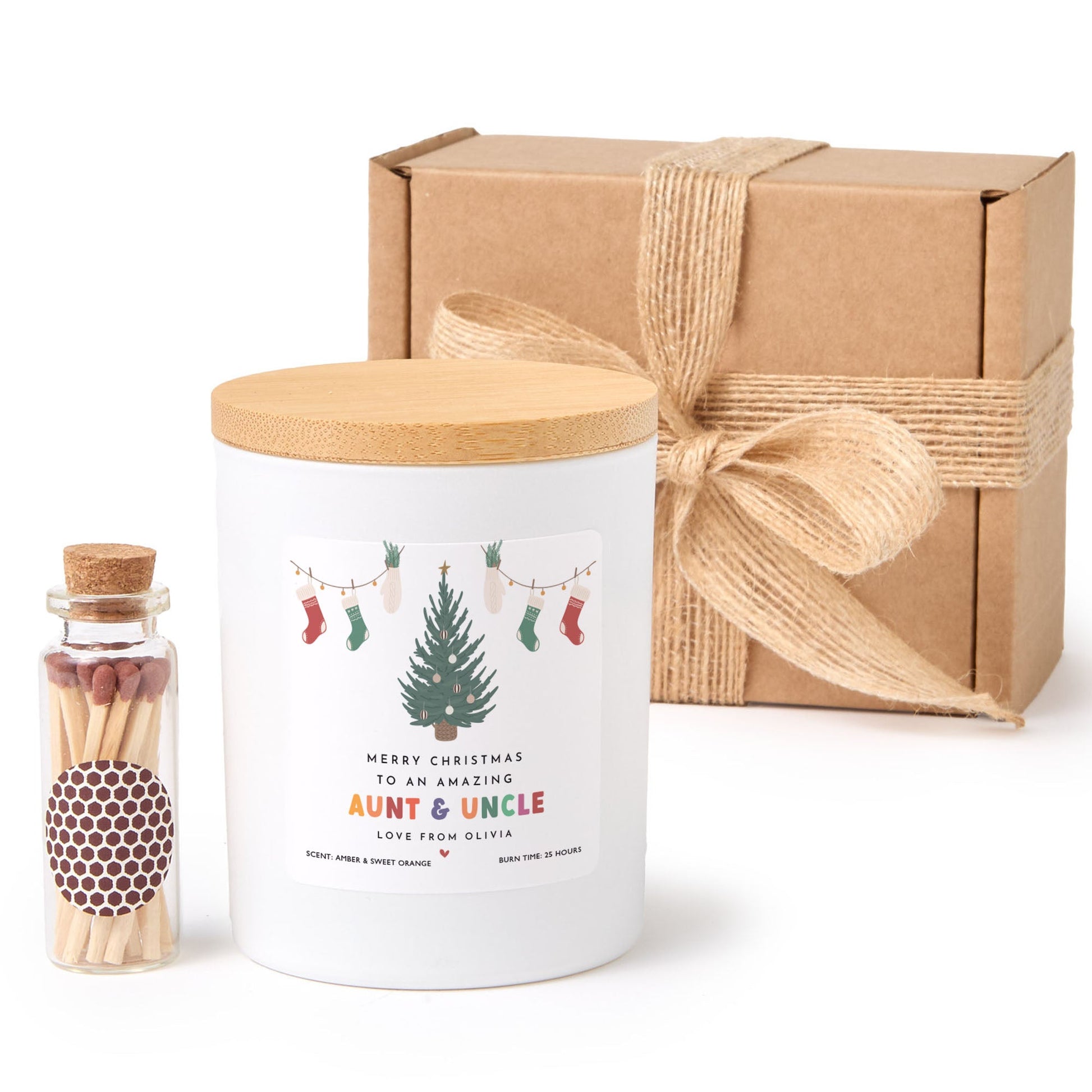 Christmas Candle Gift for Aunt & Uncle | Personalized Holiday Soy Wax Candle | Merry Xmas Gift with Matches in Gift Box