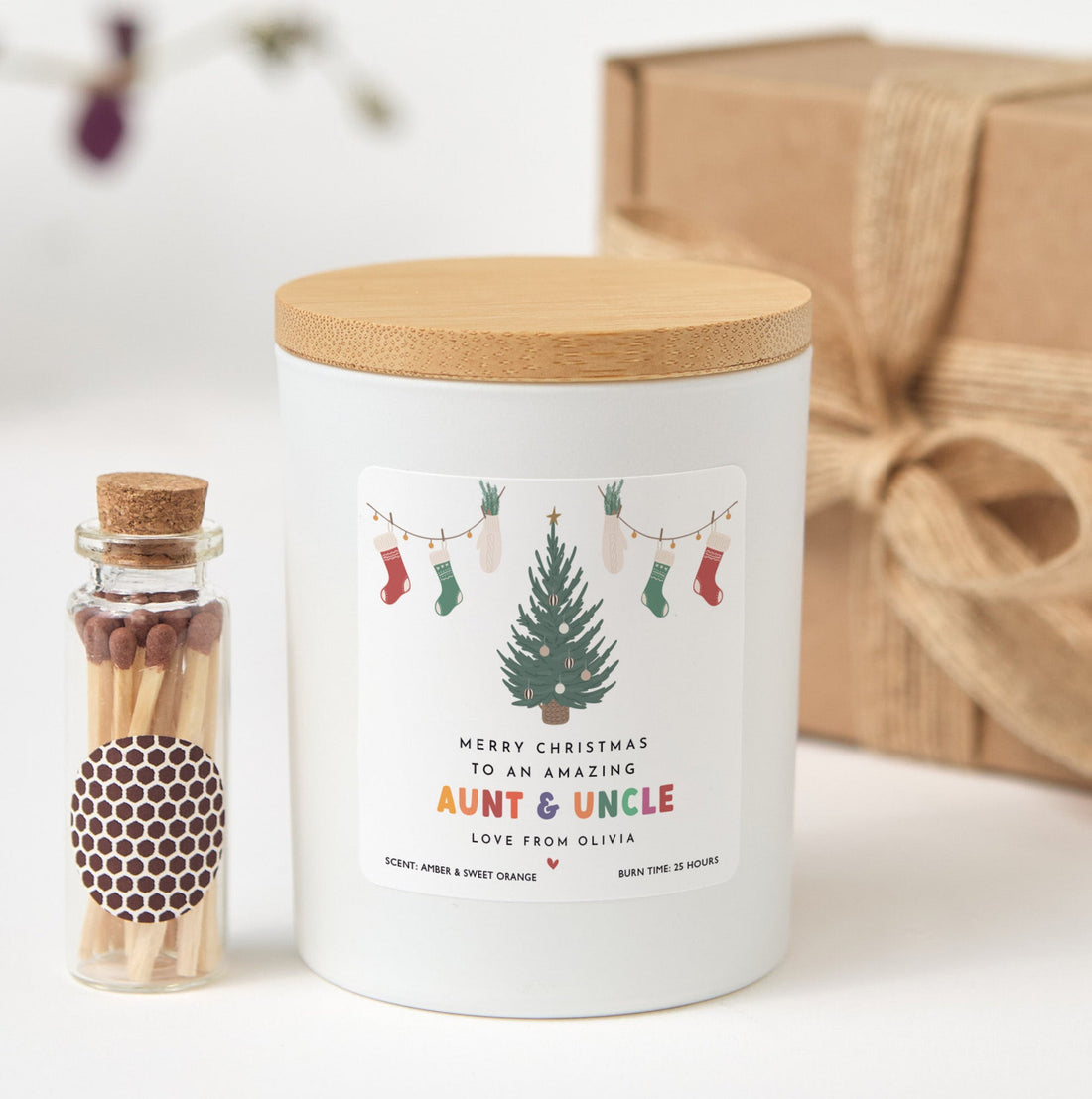 Christmas Candle Gift for Aunt & Uncle | Personalized Holiday Soy Wax Candle | Merry Xmas Gift with Matches in Gift Box