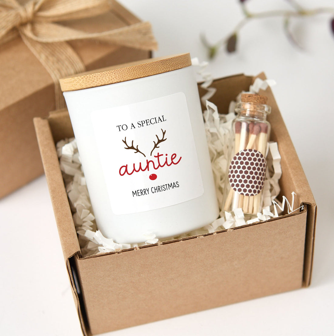 Christmas Candle Gift for Auntie | Hand - Poured Soy Wax Candle with Matches | Special Holiday Gift Box for Aunt