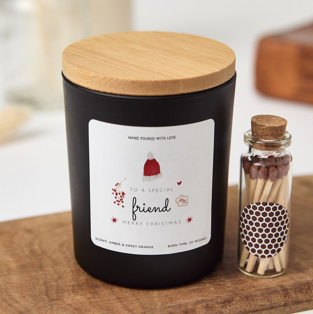 Christmas Candle Gift for Friend | Personalized Soy Wax Candle with Matches | Holiday Gift Box Candle for Special Friend