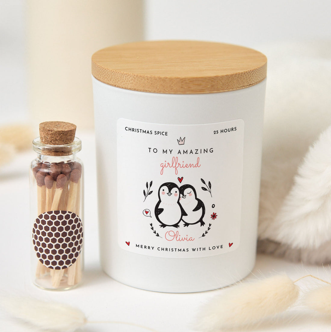 Christmas Candle Gift for Girlfriend | Personalized Soy Wax Candle with Matches | Holiday Gift Box Candle with Love