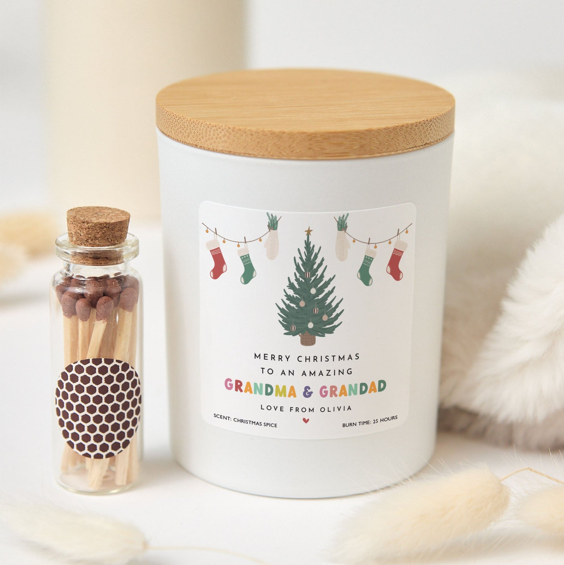Christmas Candle Gift for Grandma & Grandad | Personalized Xmas Candle with Matches | Festive Gift Box for Grandparents