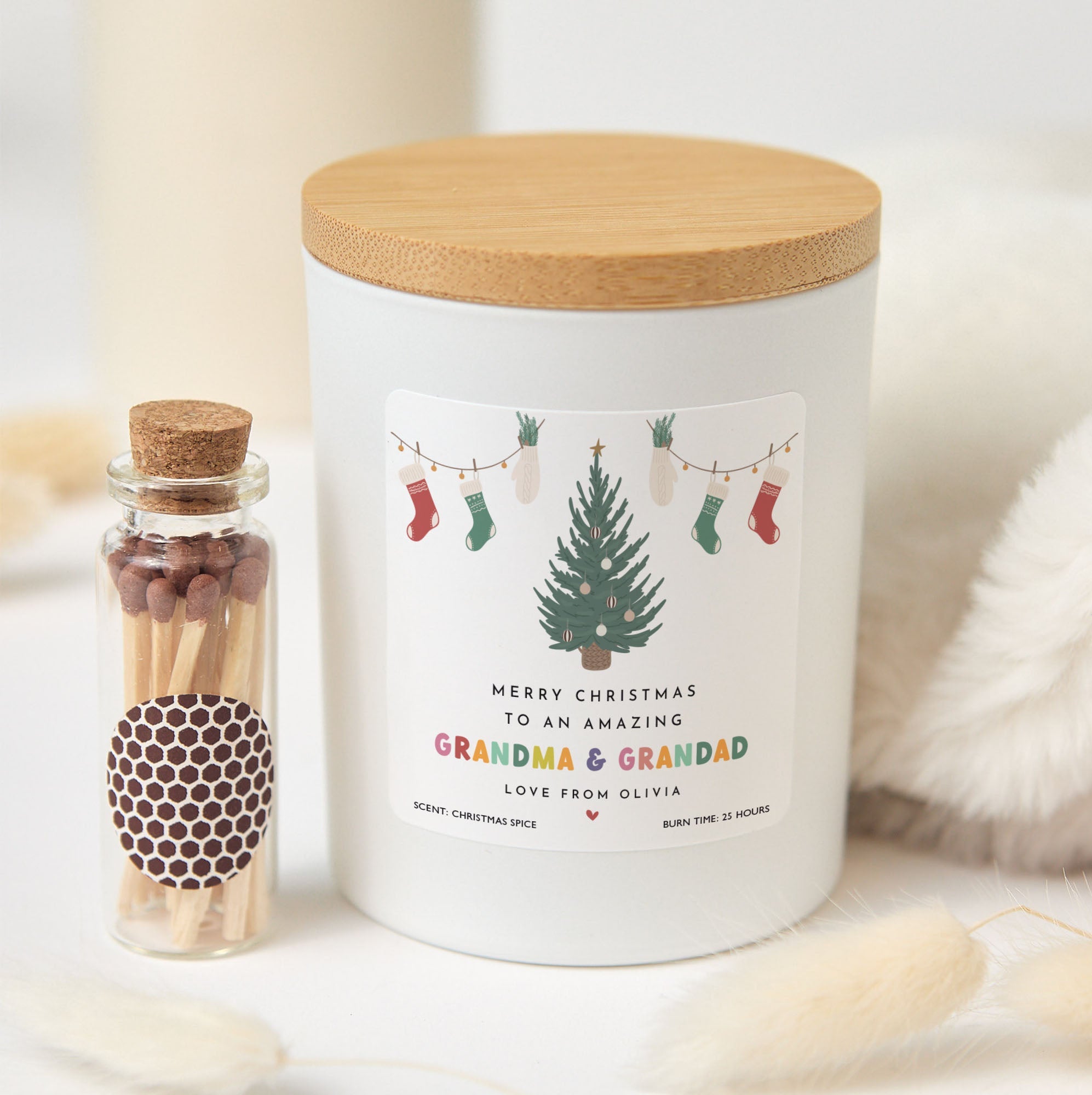Christmas Candle Gift for Grandma & Grandad | Personalized Xmas Candle with Matches | Festive Gift Box for Grandparents