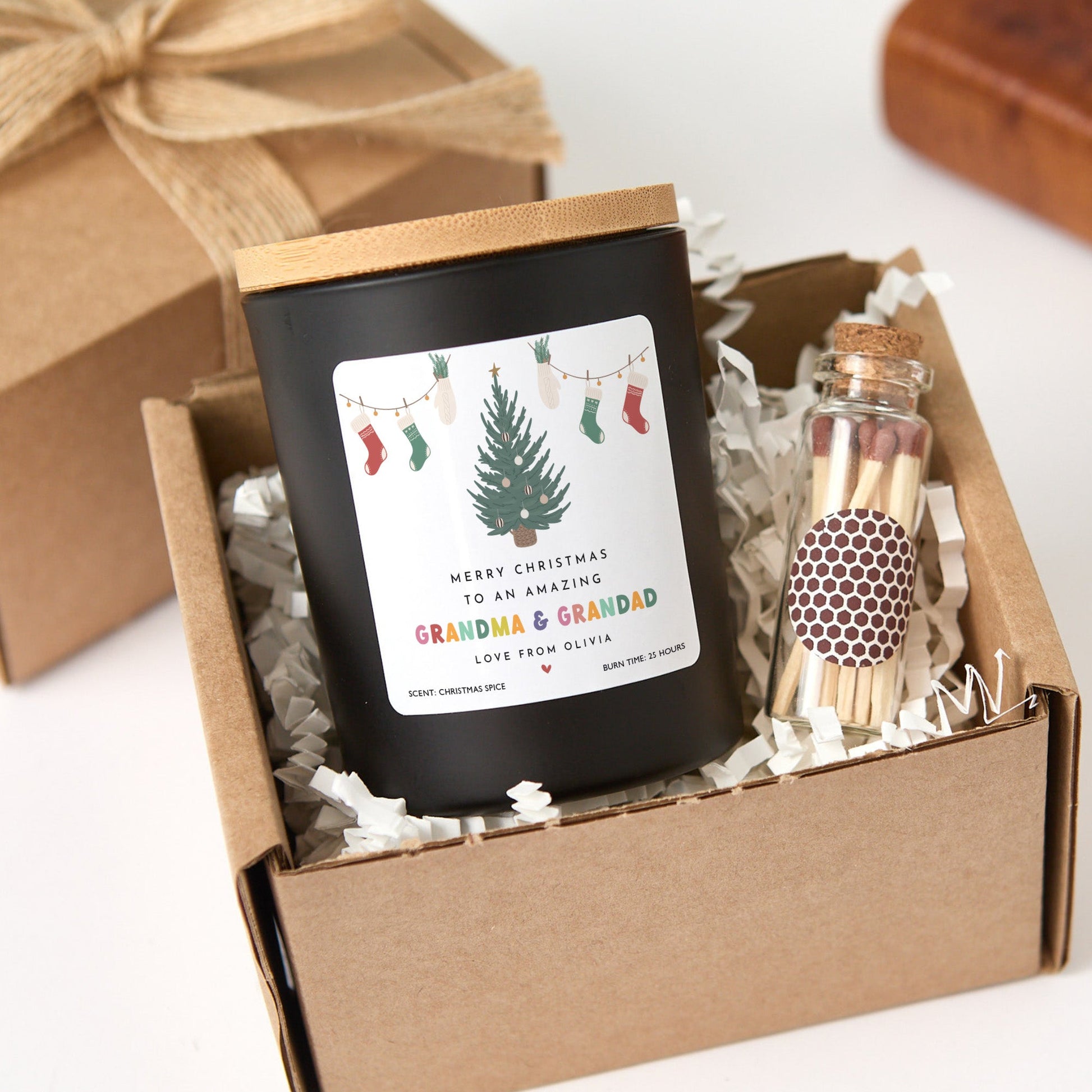 Christmas Candle Gift for Grandma & Grandad | Personalized Xmas Candle with Matches | Festive Gift Box for Grandparents