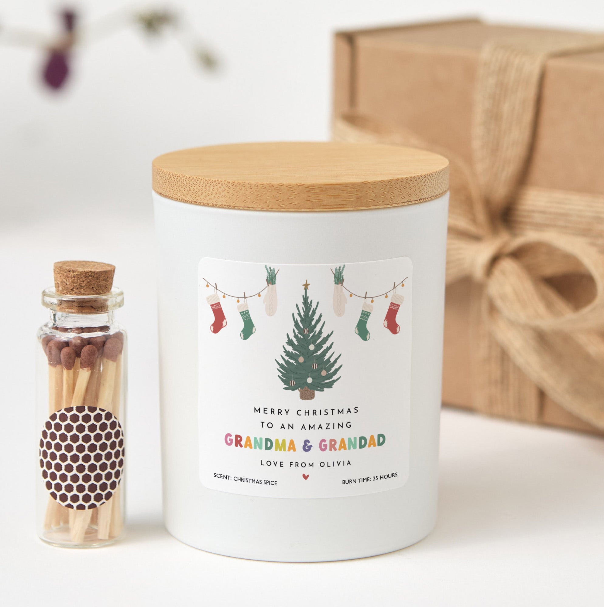 Christmas Candle Gift for Grandma & Grandad | Personalized Xmas Candle with Matches | Festive Gift Box for Grandparents