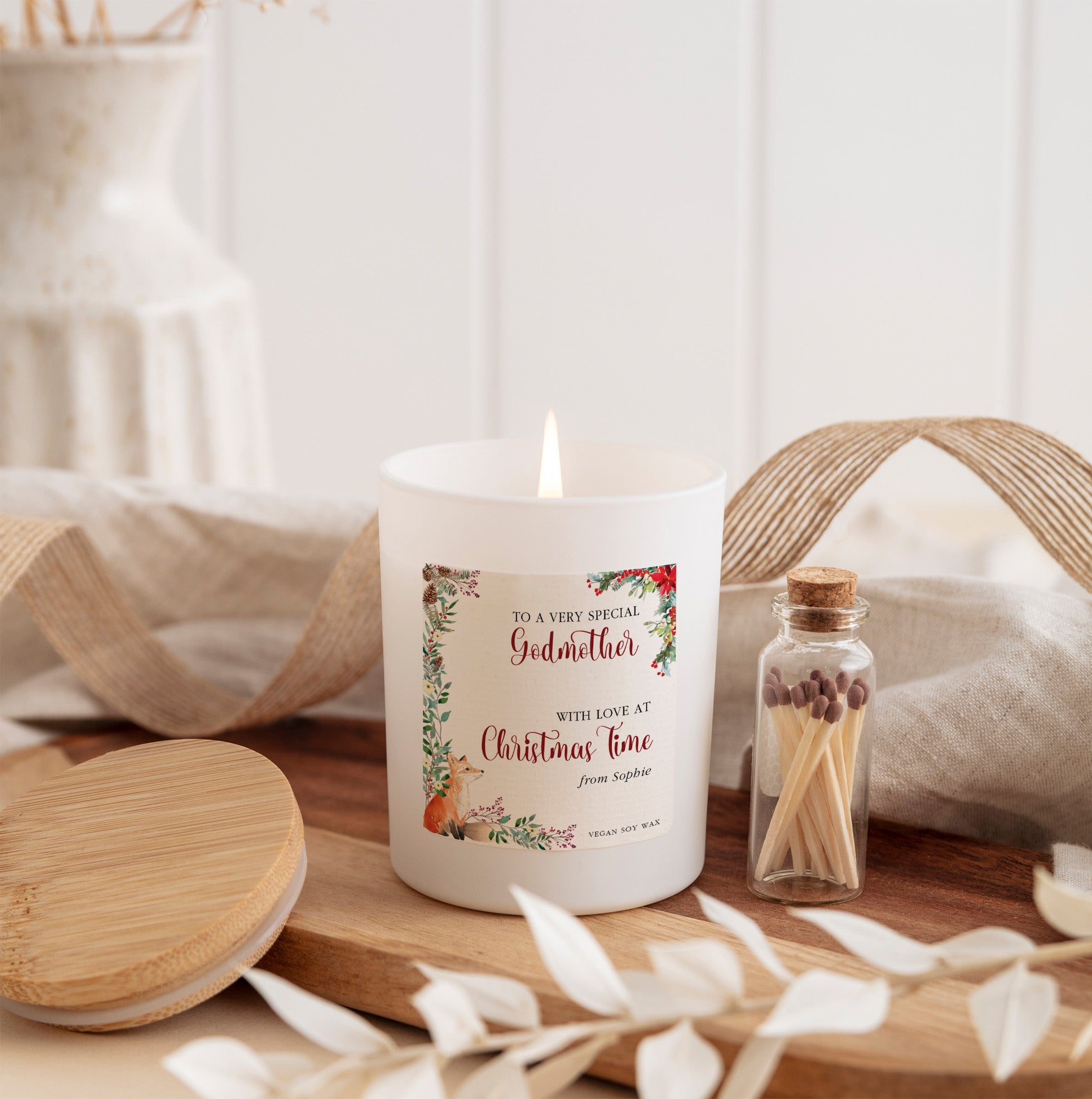 Christmas Candle Gift for Grandma | Personalized Soy Wax Candle with Ribbon Matches | Holiday Gift for Grandmother