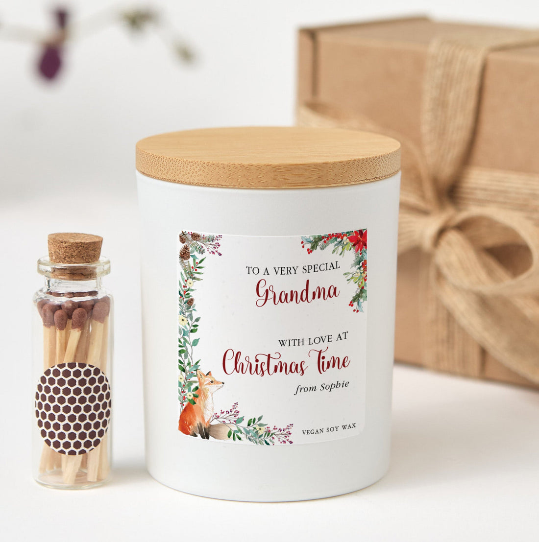 Christmas Candle Gift for Grandma | Personalized Soy Wax Candle with Ribbon Matches | Holiday Gift for Grandmother