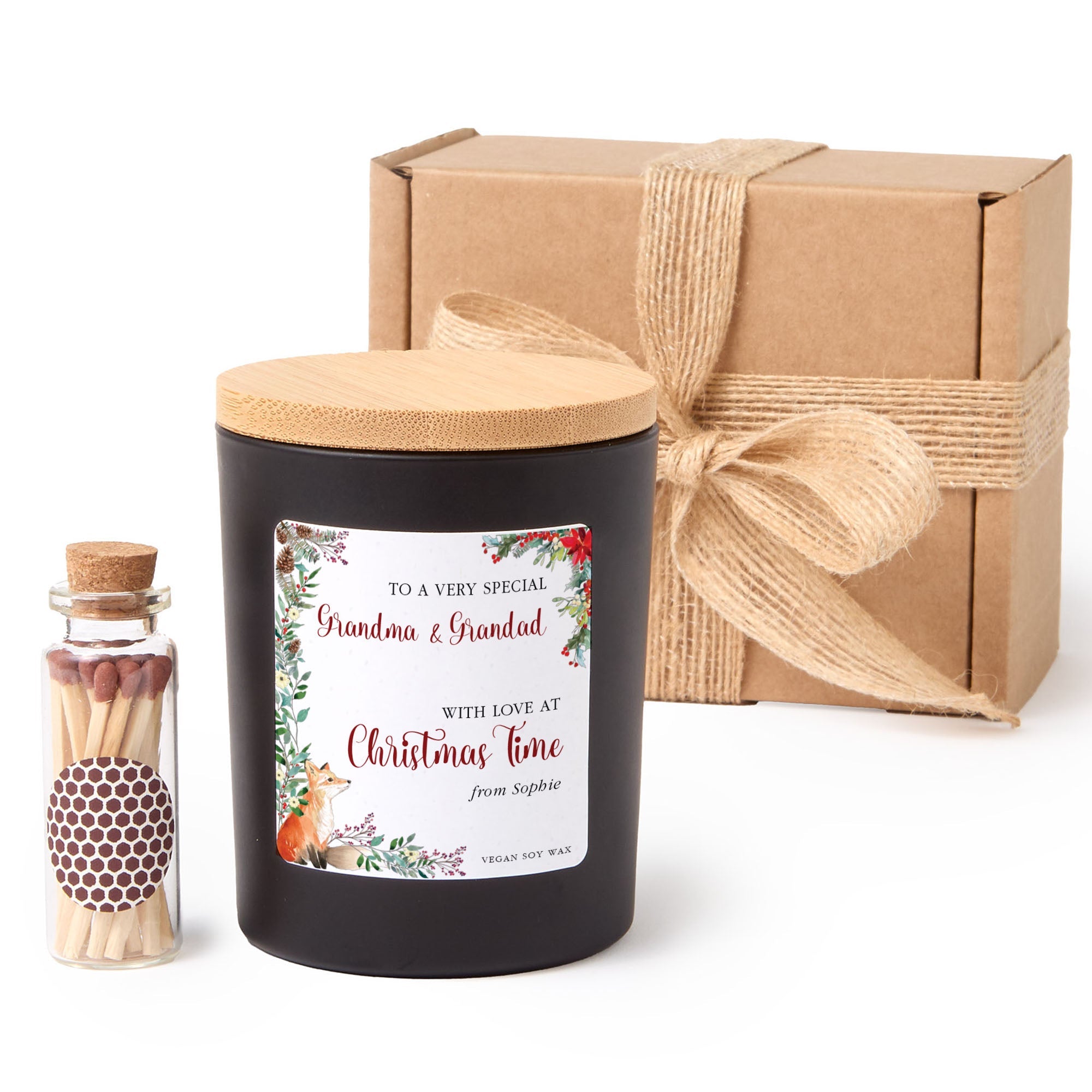 Christmas Candle Gift for Grandma | Personalized Soy Wax Candle with Ribbon Matches | Holiday Gift for Grandmother