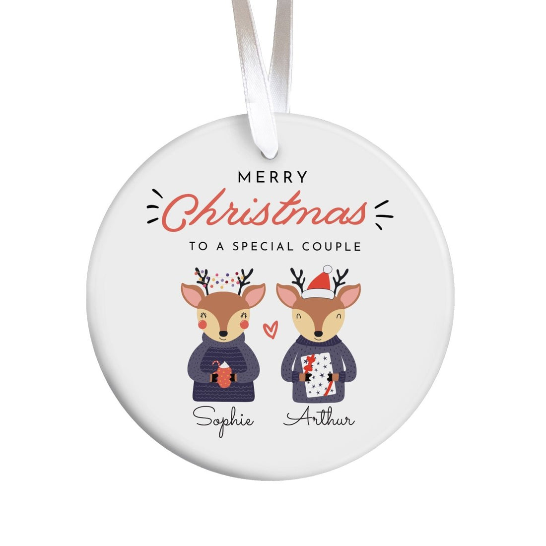 Christmas Couple Ornament, Personalized Reindeer Design for a Special Pair Holiday Gift and Festive Tree Decor