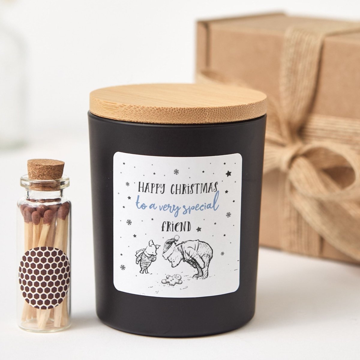 Christmas Friend Candle, Happy Christmas to a Very Special Friend, Bamboo Lid, Boxed Gift with Matches