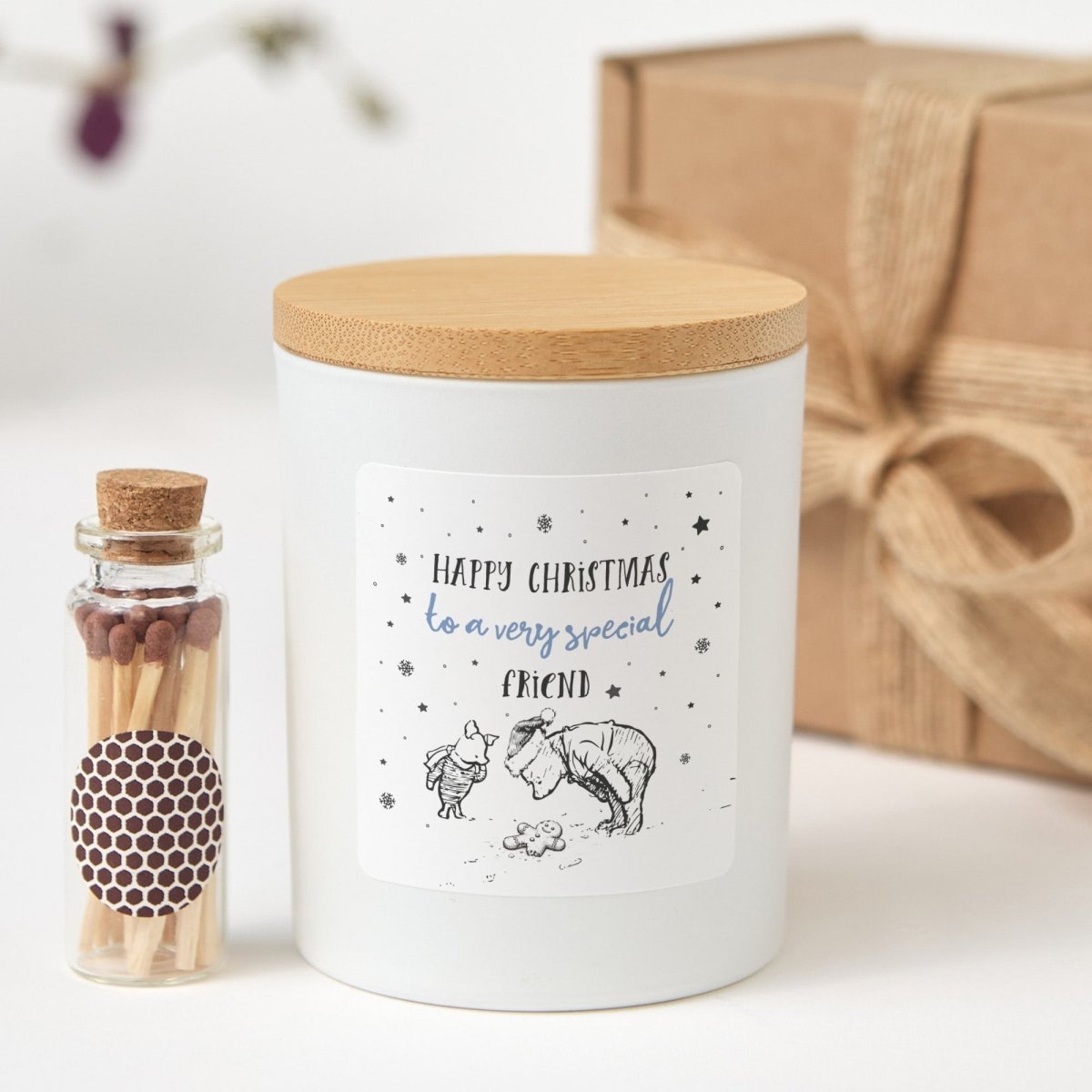 Christmas Friend Candle, Happy Christmas to a Very Special Friend, Bamboo Lid, Boxed Gift with Matches