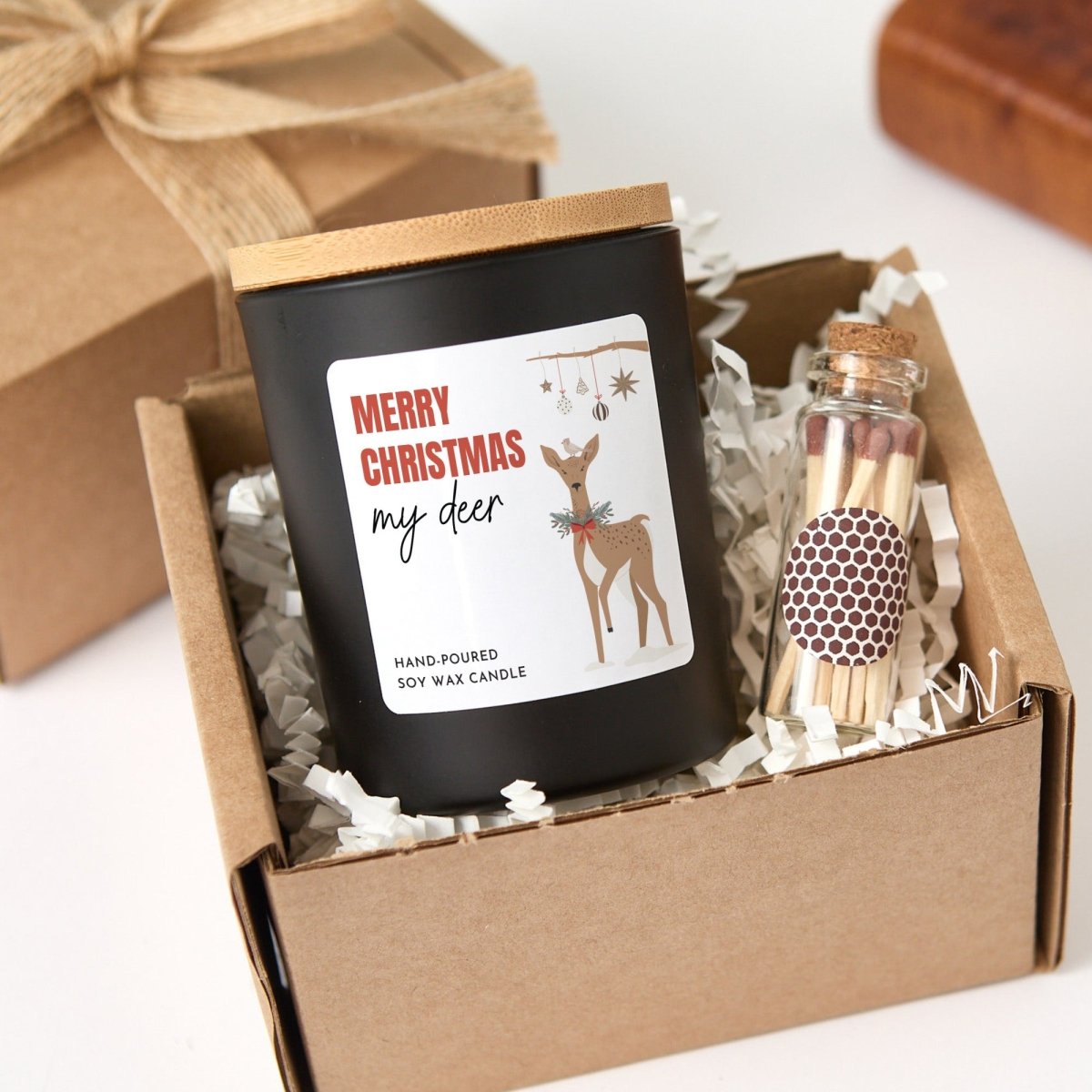 Christmas Soy Wax Candle for My Deer, Festive Deer Label, Black Jar with Bamboo Lid, Boxed Holiday Present