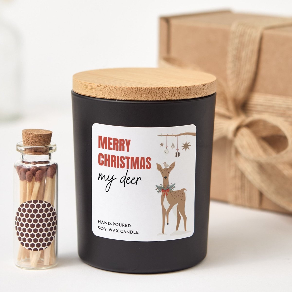 Christmas Soy Wax Candle for My Deer, Festive Deer Label, Black Jar with Bamboo Lid, Boxed Holiday Present