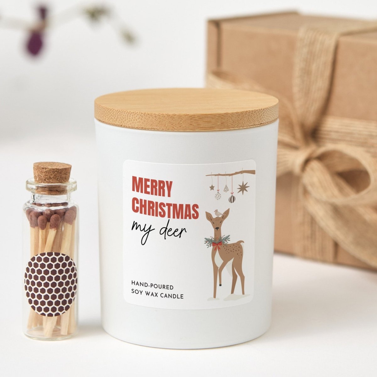 Christmas Soy Wax Candle for My Deer, Festive Deer Label, Black Jar with Bamboo Lid, Boxed Holiday Present
