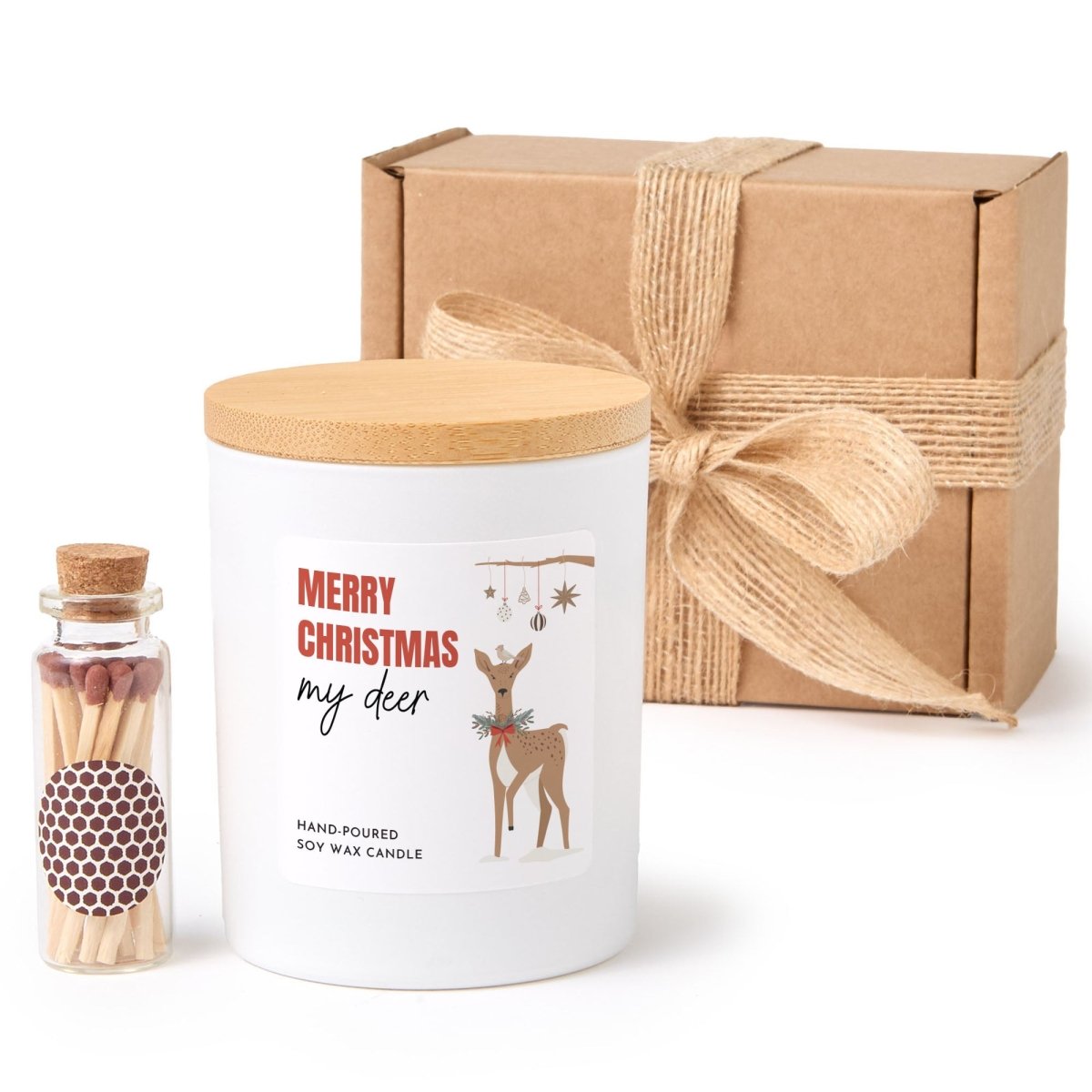 Christmas Soy Wax Candle for My Deer, Festive Deer Label, Black Jar with Bamboo Lid, Boxed Holiday Present