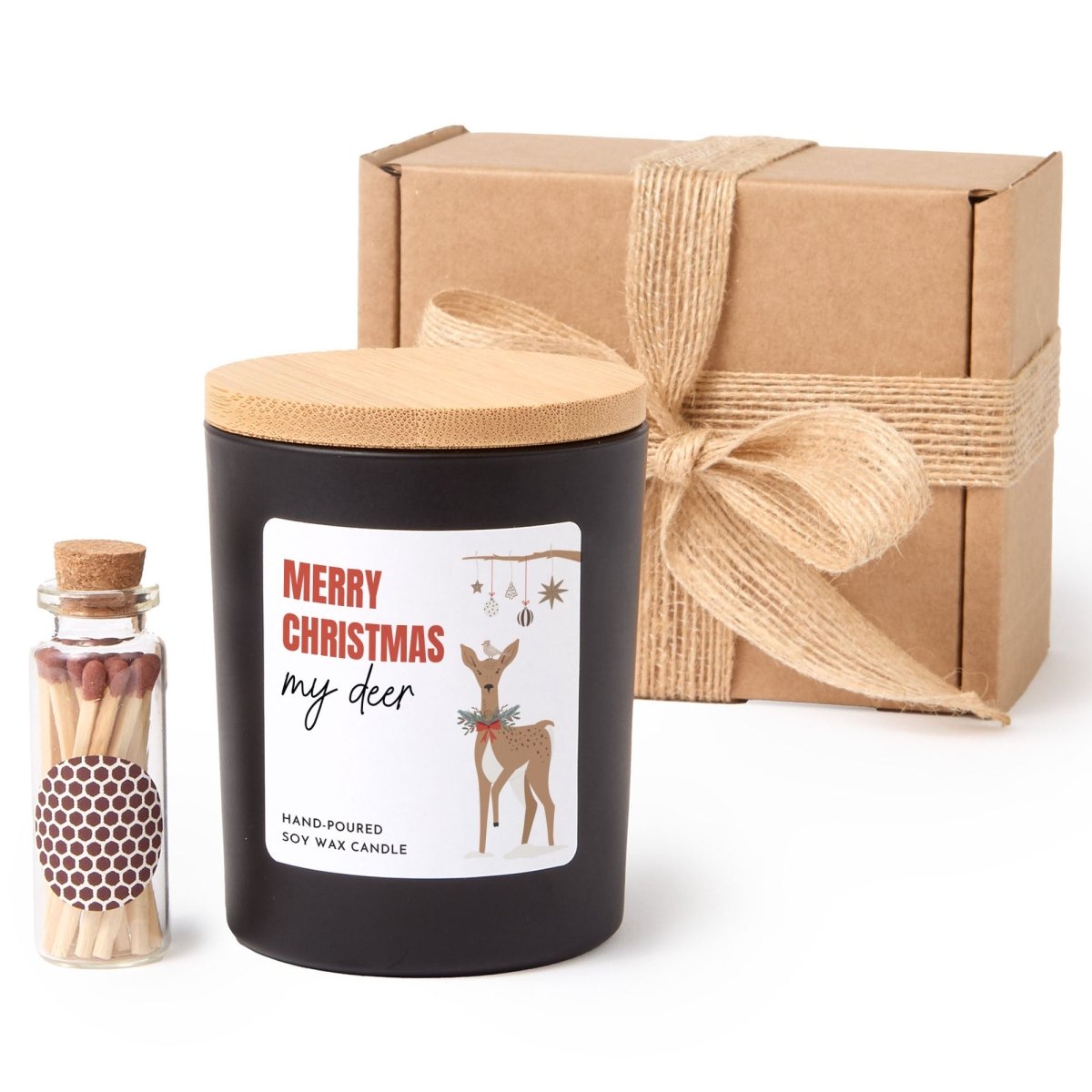 Christmas Soy Wax Candle for My Deer, Festive Deer Label, Black Jar with Bamboo Lid, Boxed Holiday Present