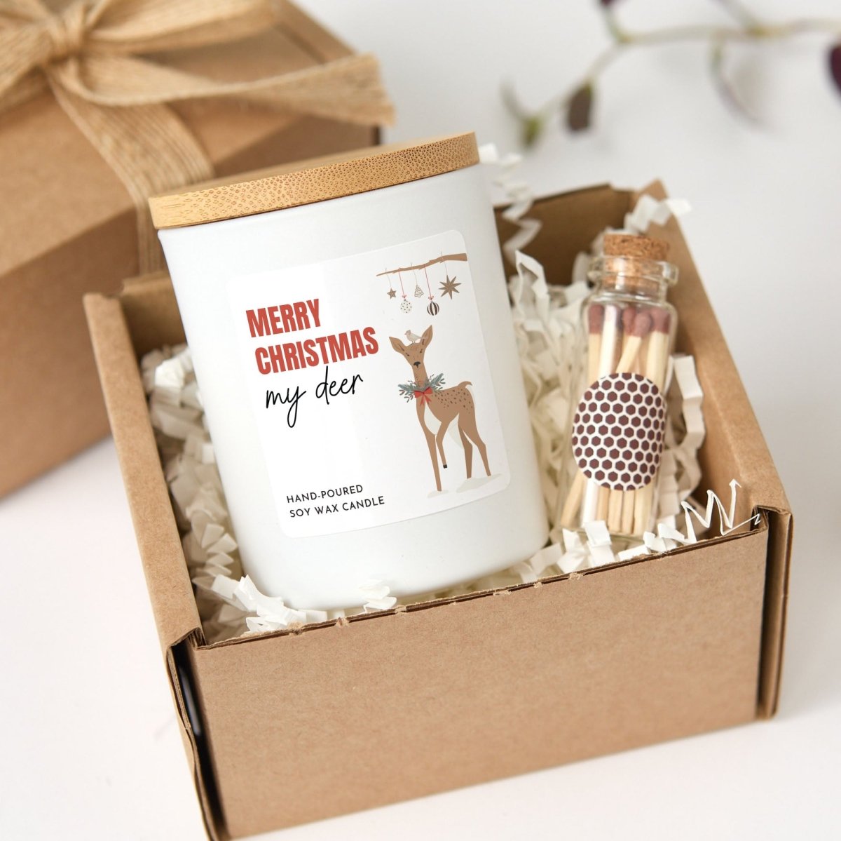Christmas Soy Wax Candle for My Deer, Festive Deer Label, Black Jar with Bamboo Lid, Boxed Holiday Present