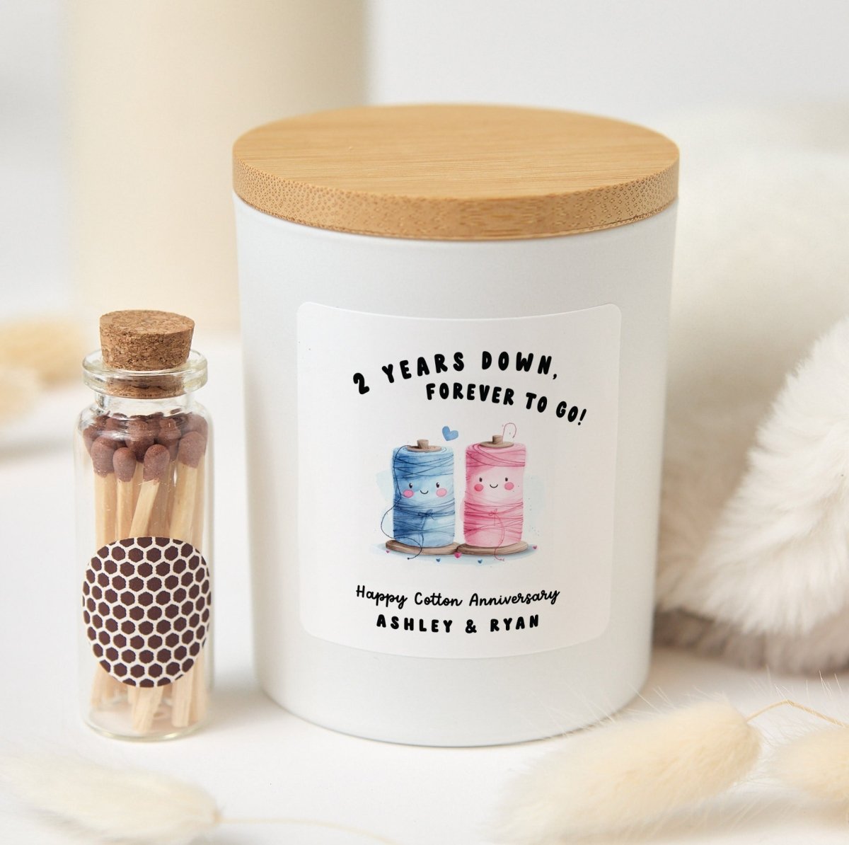 Cotton Anniversary Candle, “2 Years Down, Forever to Go!” Couple Gift, Personalized Names, Gift Box & Matches