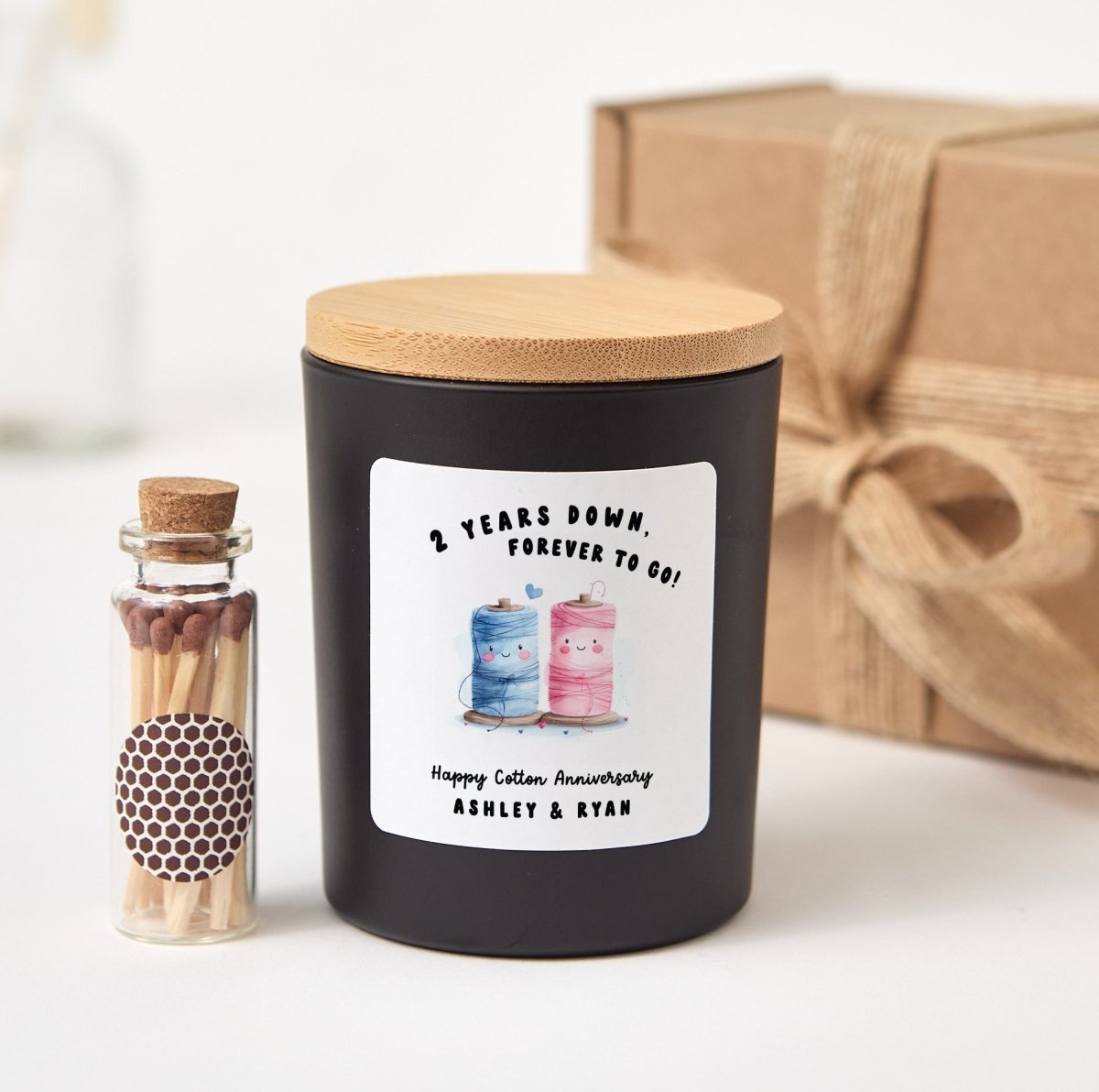 Cotton Anniversary Candle, “2 Years Down, Forever to Go!” Couple Gift, Personalized Names, Gift Box & Matches
