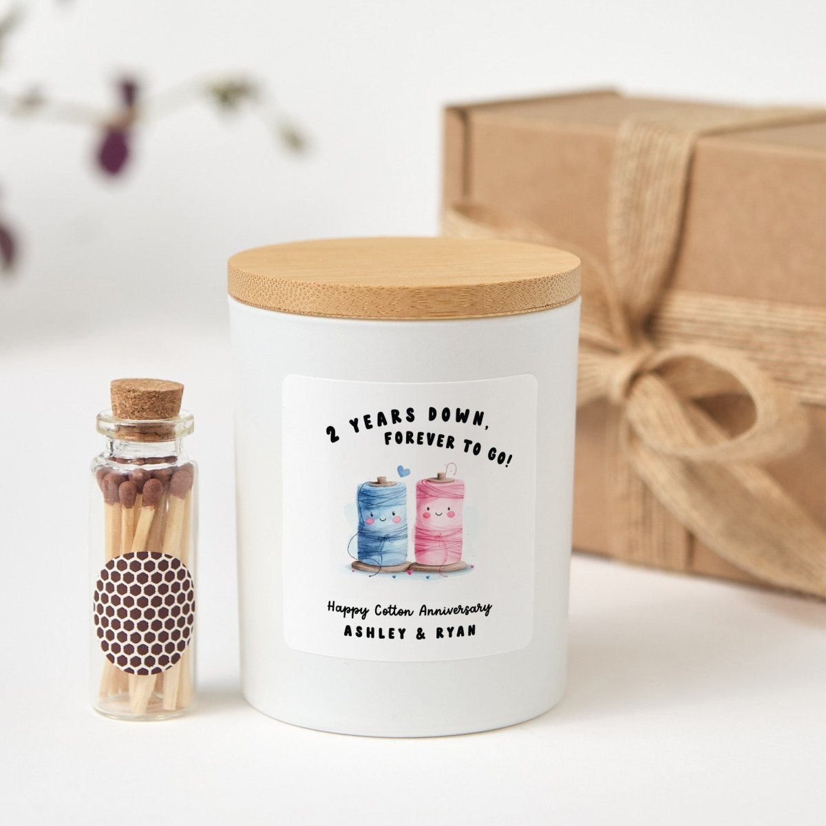 Cotton Anniversary Candle, “2 Years Down, Forever to Go!” Couple Gift, Personalized Names, Gift Box & Matches