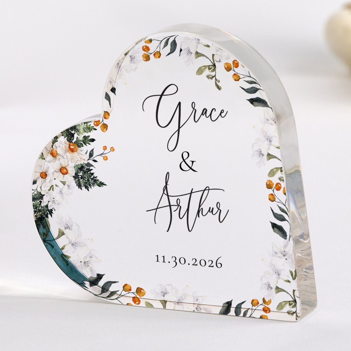 Couple Plaque Gift for Wedding, Personalized Acrylic Keepsake, Floral Anniversary Decor for Newlyweds