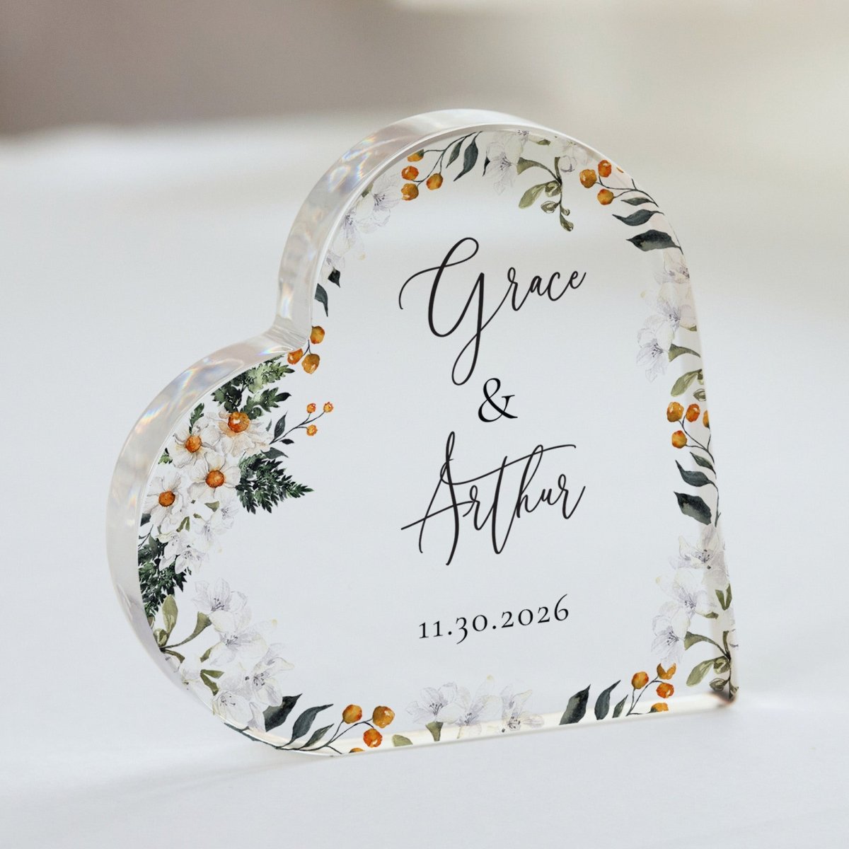 Couple Plaque Gift for Wedding, Personalized Acrylic Keepsake, Floral Anniversary Decor for Newlyweds