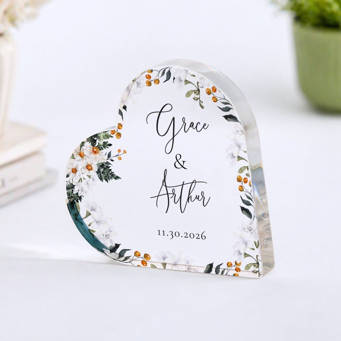 Couple Plaque Gift for Wedding, Personalized Acrylic Keepsake, Floral Anniversary Decor for Newlyweds